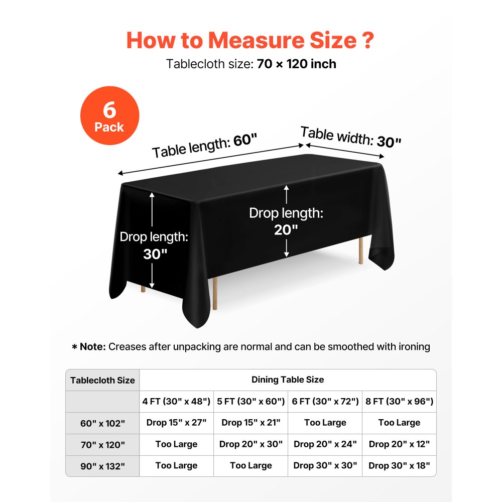 VEVOR Black Tablecloths for Rectangle Tables, 6 Pack, 70 x 120 Inches, Reusable and Machine Washable Table Clothes, Wrinkle-Resistant Polyester Fabric Table Covers for Wedding, Party, Banquet