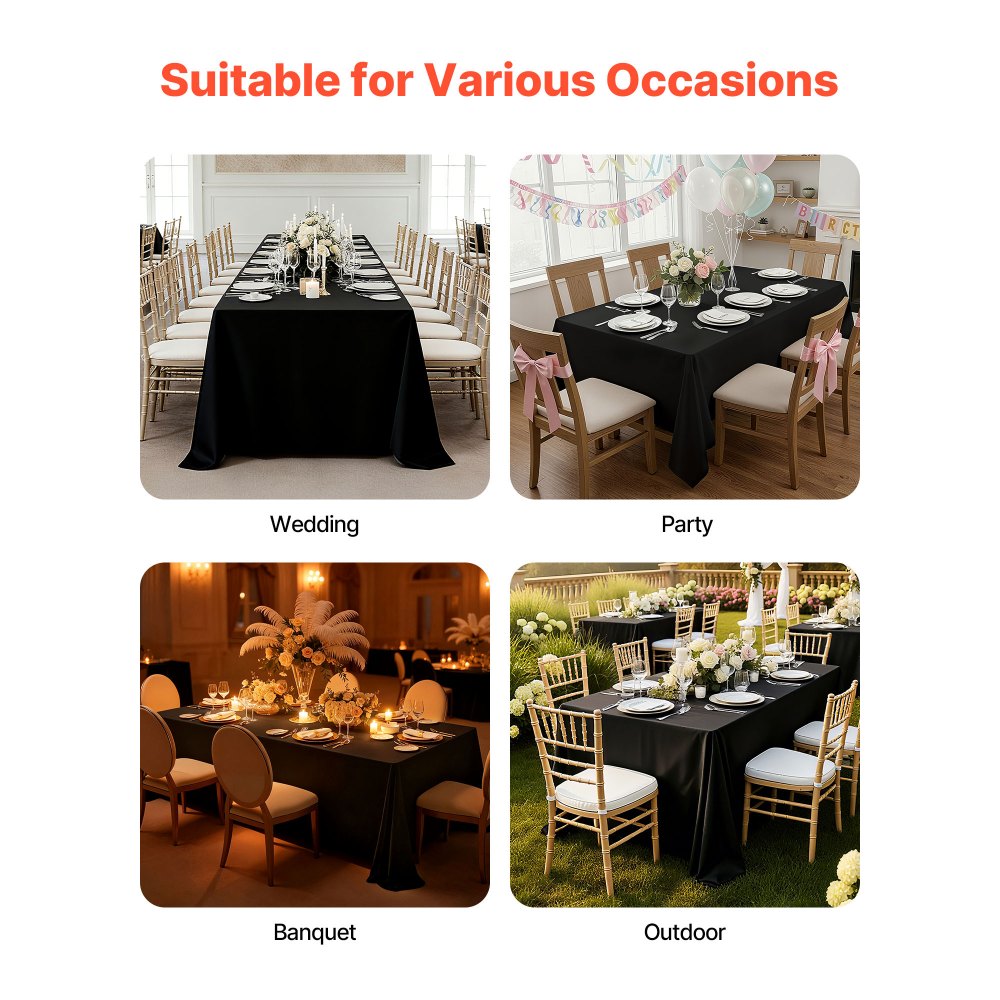 VEVOR Black Tablecloths for Rectangle Tables, 6 Pack, 70 x 120 Inches, Reusable and Machine Washable Table Clothes, Wrinkle-Resistant Polyester Fabric Table Covers for Wedding, Party, Banquet