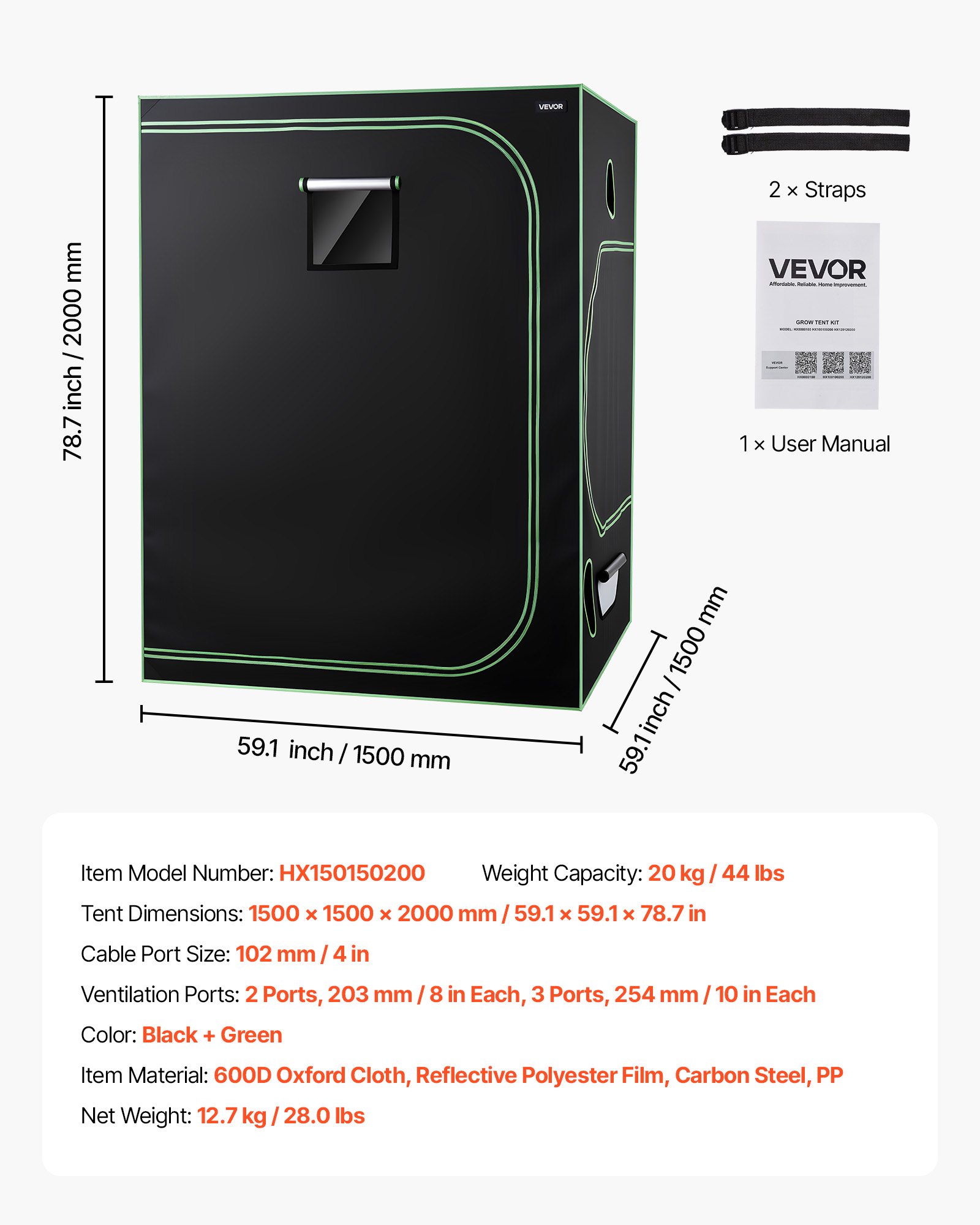 VEVOR Indoor Grow Tent Kit, 150 x 150 x 200cm, Indoor Plant Tent with Full Spectrum LED Grow Light & Ventilation System, 600D High Reflective Mylar, Growing Tents for Flower Veggie