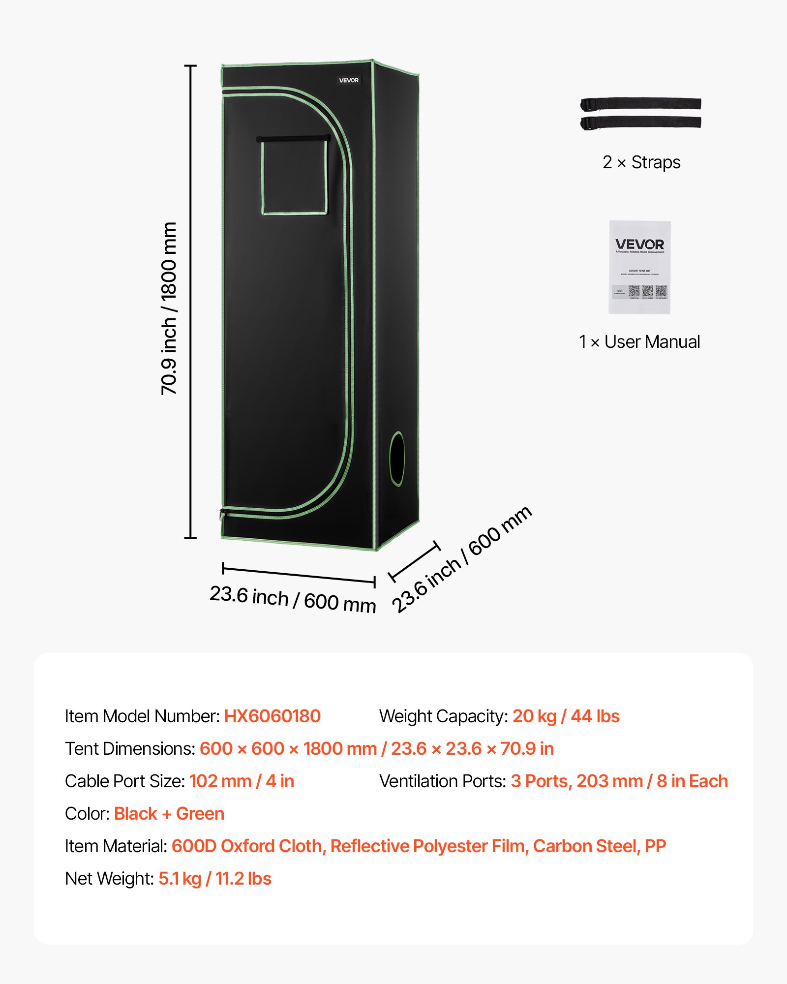 VEVOR Vnútorný pestovateľský stan, 60 x 60 x 180 cm, 600D vysoko reflexný Mylar, vnútorný stan na rastliny s pozorovacím okienkom, podlahový zásobník a zips, odolné pestovateľské stany na ovocné, kvetinové a zeleninové rastliny