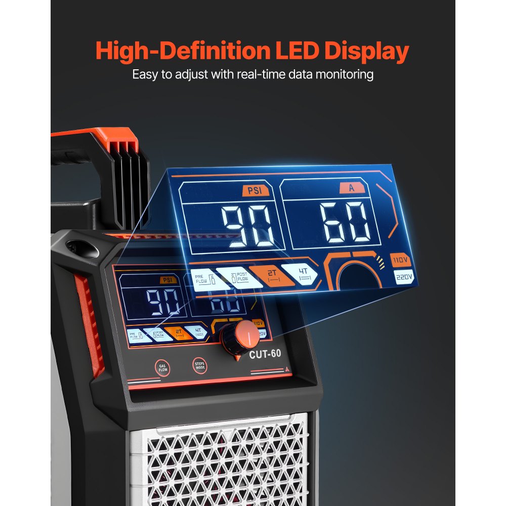 VEVOR Plasma Cutter, 60A Non-Touch Pilot Arc Plasma Cutting Machine, Digital Display IGBT Inverter - with 2T/4T Function & Adjustable PA/PT Time for Industrial Use (400V 3-Phase Power Supply)