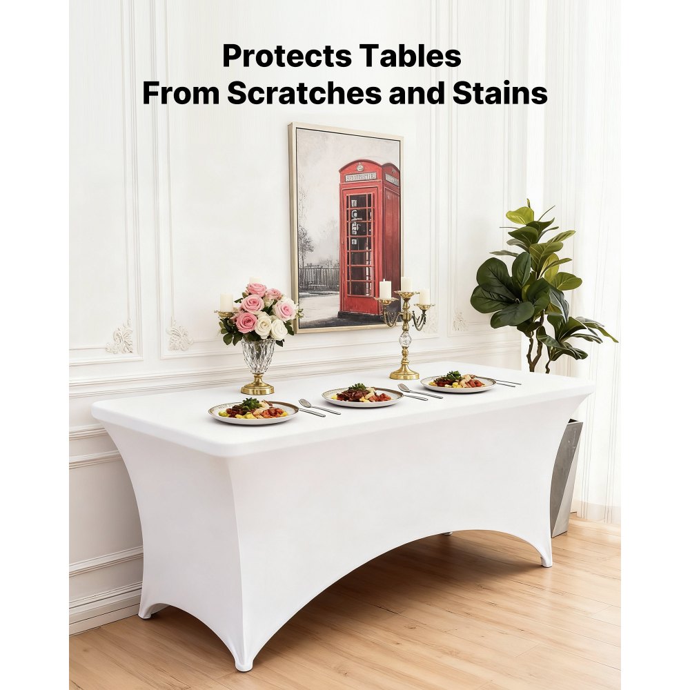 VEVOR 10 Pack Table Cloth for 6FT Rectangular Fitted Events, Wrinkle-Resistant Stretch White Table Covers, Washable Spandex Tablecloth Protector, for Party, Wedding, Cocktail, Banquet, Festival