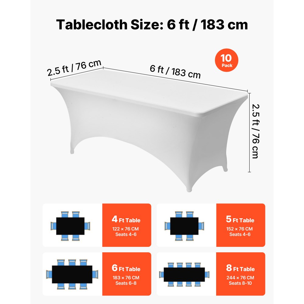 VEVOR 10 Pack Table Cloth for 6FT Rectangular Fitted Events, Wrinkle-Resistant Stretch White Table Covers, Washable Spandex Tablecloth Protector, for Party, Wedding, Cocktail, Banquet, Festival