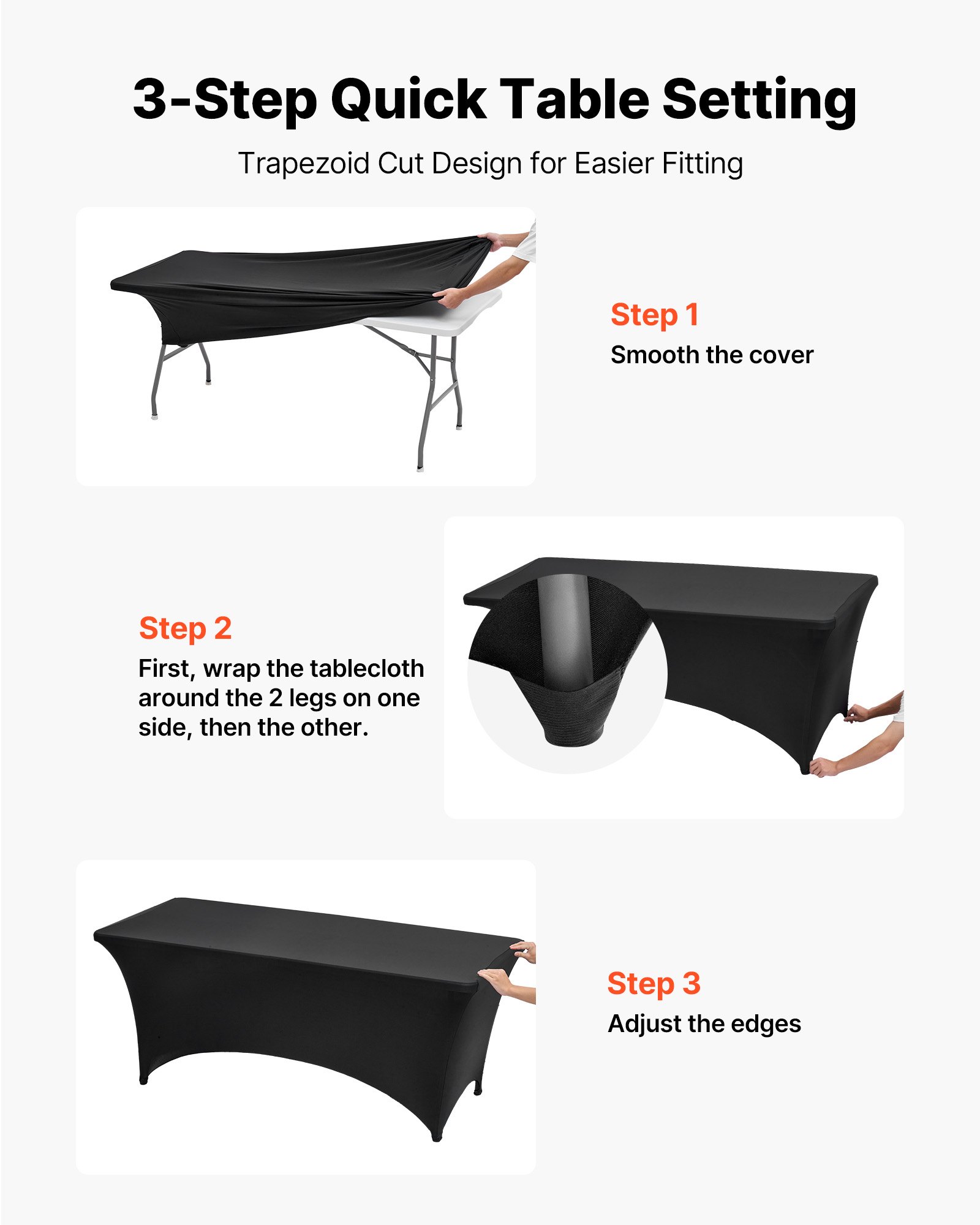 VEVOR 3 Pack Table Cloth for 6FT Rectangular Fitted Events, Wrinkle-Resistant Stretch Black Table Covers, Washable Spandex Tablecloth Protector, for Party, Wedding, Cocktail, Banquet, Festival