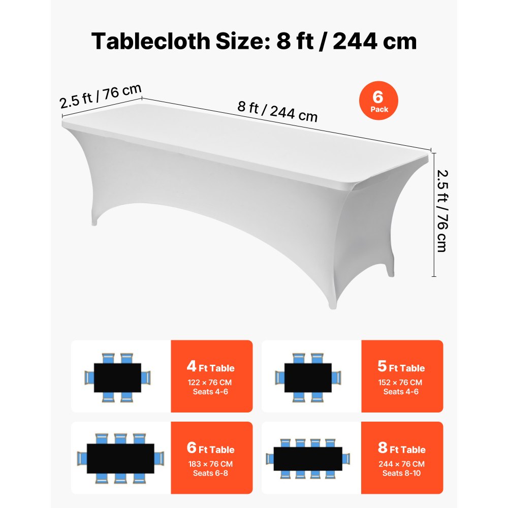 VEVOR 6 Pack Table Cloth for 8FT Rectangular Fitted Events, Wrinkle-Resistant Stretch White Table Covers, Washable Spandex Tablecloth Protector, for Party, Wedding, Cocktail, Banquet, Festival