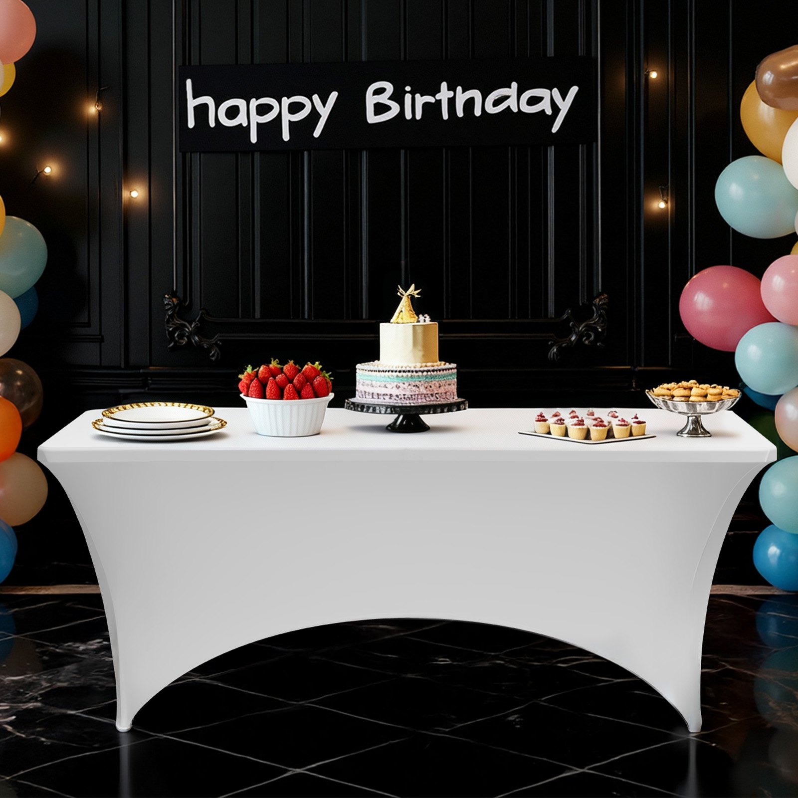 VEVOR 6 Pack Table Cloth for 8FT Rectangular Fitted Events, Wrinkle-Resistant Stretch White Table Covers, Washable Spandex Tablecloth Protector, for Party, Wedding, Cocktail, Banquet, Festival