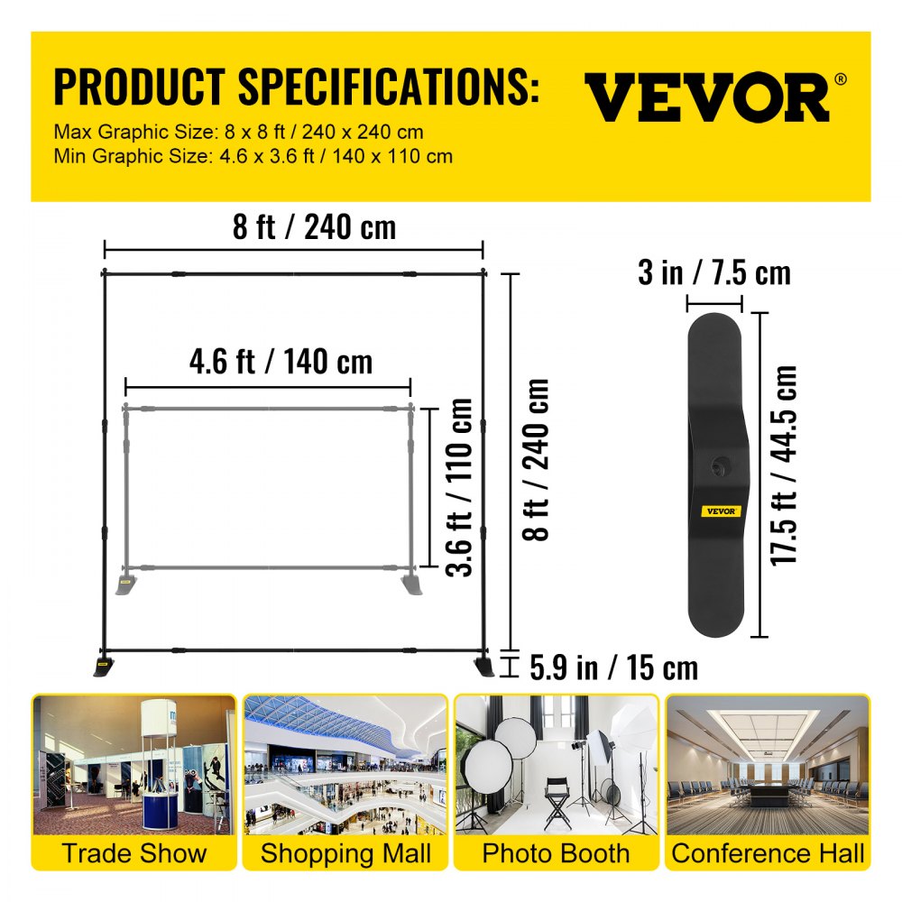 VEVOR 243.8 cm Backdrop Banner Stand Step and Repeat Adjustable Telescopic Lightweight Trade Show Display Wall Exhibitor with Carrying Bag