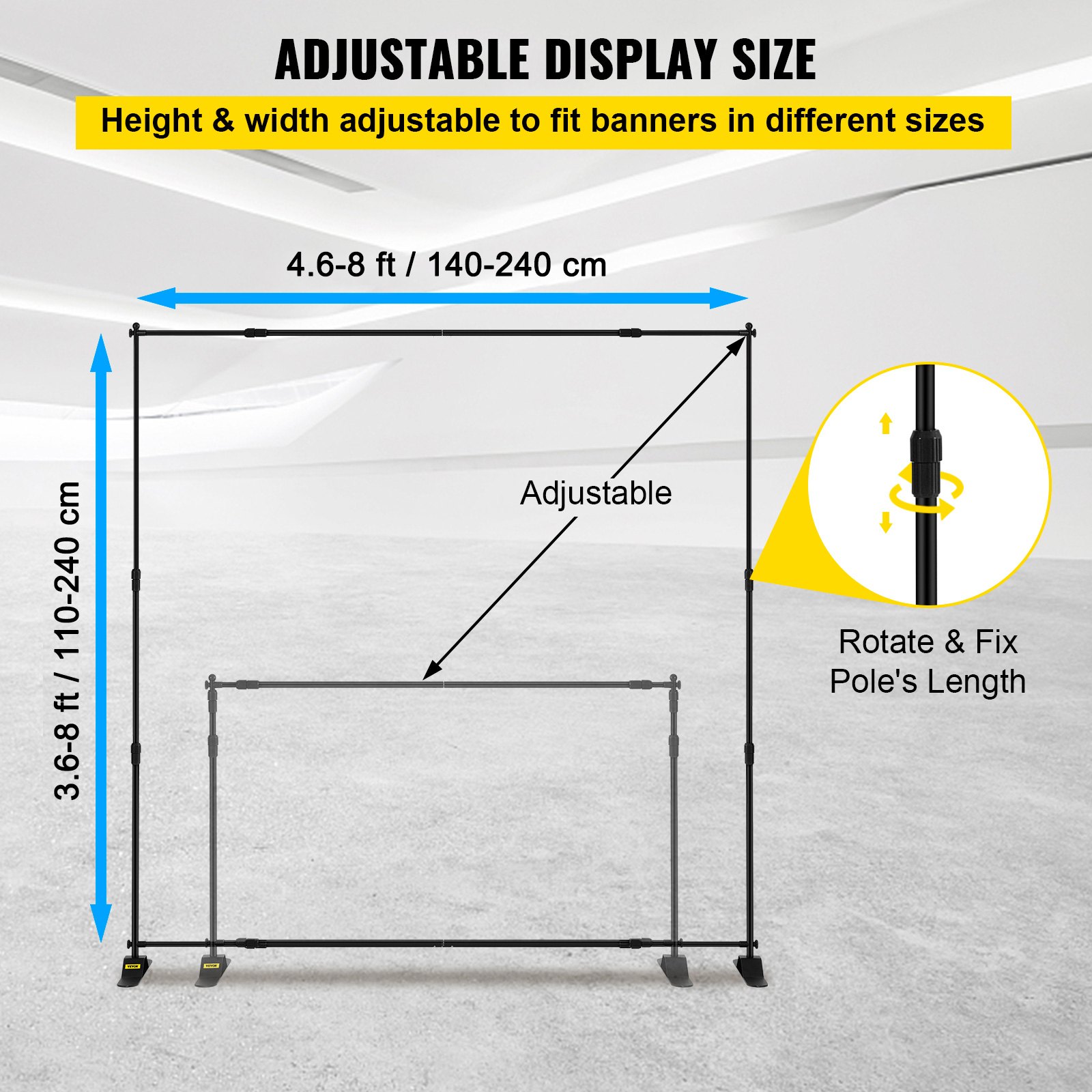 VEVOR 243.8 cm Backdrop Banner Stand Step and Repeat Adjustable Telescopic Lightweight Trade Show Display Wall Exhibitor with Carrying Bag