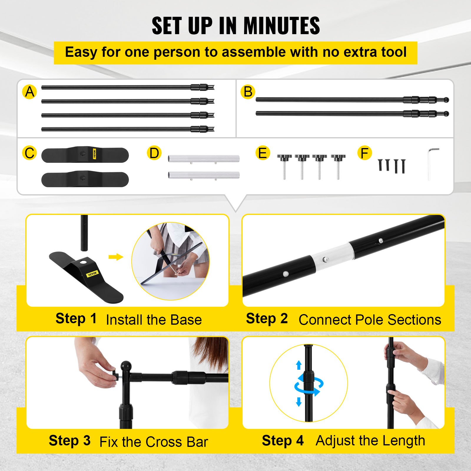 easy setup in minutes with VEVOR telescopic backdrop stand, no tools needed.