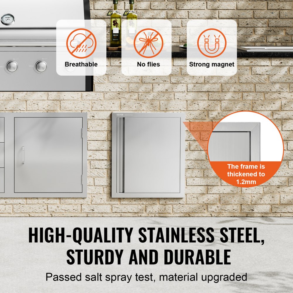 VEVOR BBQ Access Door, 457x533 mm Single Outdoor Kitchen Door, Stainless Steel Flush Mount Door, Wall Vertical Door with Recessed Handle, for BBQ Island, Grilling Station, Outside Cabinet