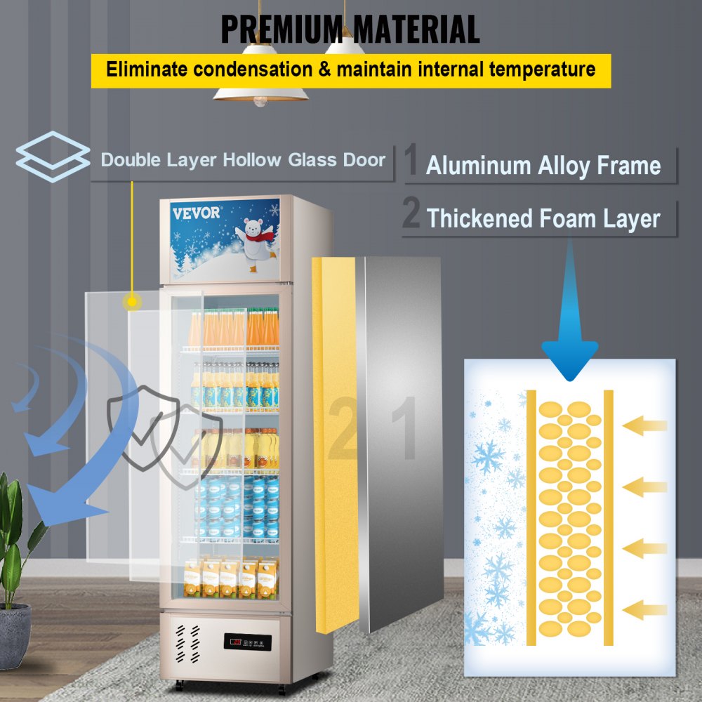 VEVOR Commercial Refrigerator,Display Fridge Upright Beverage Cooler, Glass Door with LED Light for Home, Store, Gym or Office, (11 cu.ft. Single Swing Door)