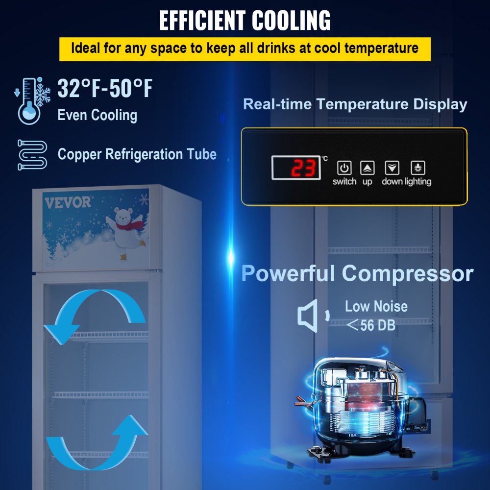 VEVOR Commercial Refrigerator,Display Fridge Upright Beverage Cooler, Glass Door with LED Light for Home, Store, Gym or Office, (11 cu.ft. Single Swing Door)