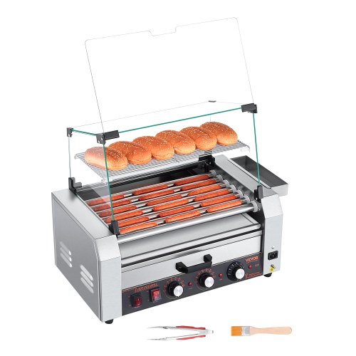 VEVOR Hot Dog Roller, 18 Hot Dog Capacity 7 Rollers, 1050W Stainless Steel Cook Warmer Machine w/ Cover ＆ Dual Temp Control, LED Light ＆ Detachable VEVOR Hot Dog Roller, 18 Hot Dog Capacity 7 Rollers, 1050W