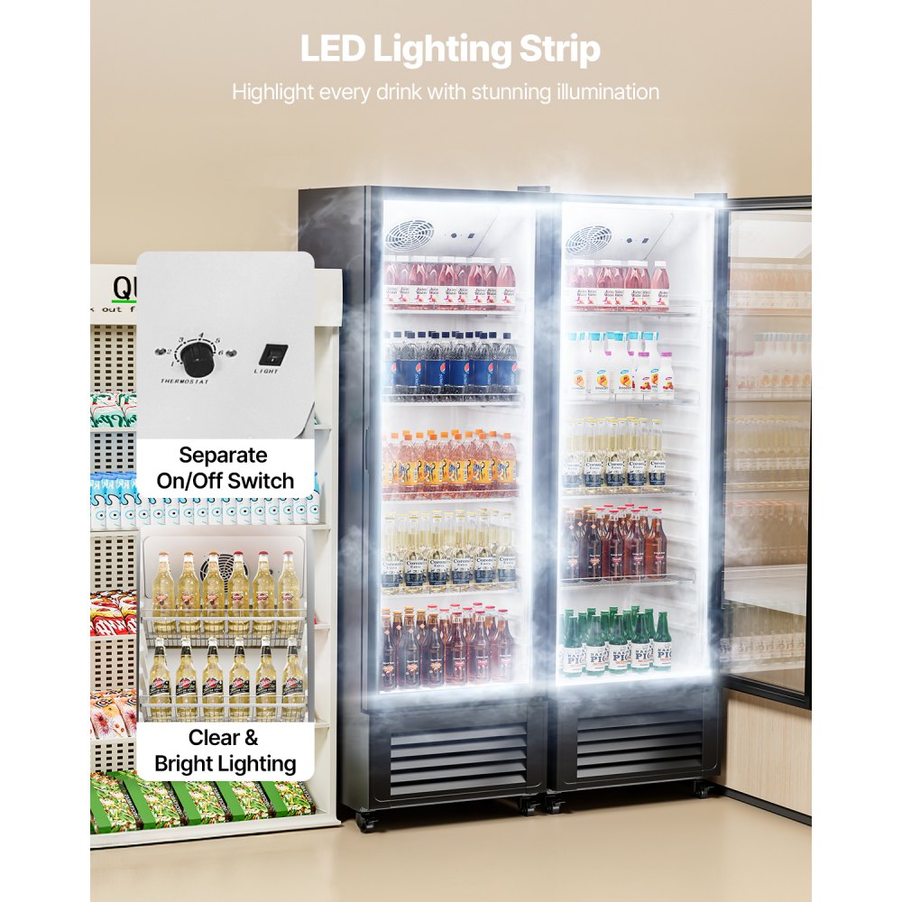 VEVOR Commercial Merchandiser Refrigerator, 11.47 CU.FT Glass Door Display Refrigerator, Upright Beverage Refrigerator Cooler Merchandiser with 4 Adjustable Shelves, Casters, Soft LED Light, Black