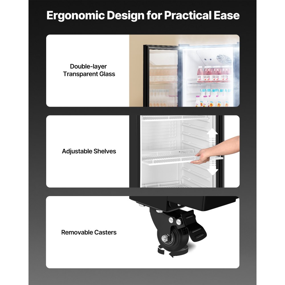 VEVOR Commercial Merchandiser Refrigerator, 11.47 CU.FT Glass Door Display Refrigerator, Upright Beverage Refrigerator Cooler Merchandiser with 4 Adjustable Shelves, Casters, Soft LED Light, Black