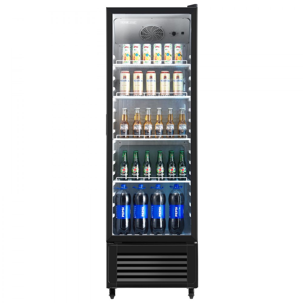 VEVOR Commercial Merchandiser Refrigerator, 11.47 CU.FT Glass Door Display Refrigerator, Upright Beverage Refrigerator Cooler Merchandiser with 4 Adjustable Shelves, Casters, Soft LED Light, Black