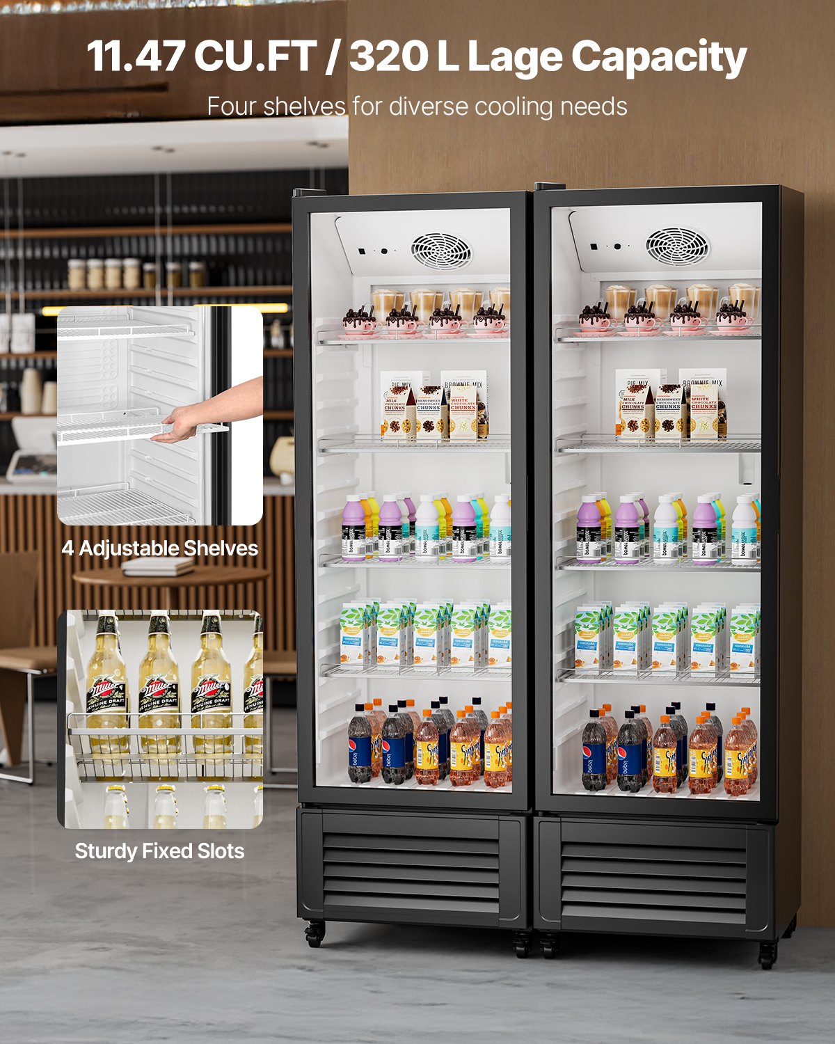 VEVOR Commercial Merchandiser Refrigerator, 11.47 CU.FT Glass Door Display Refrigerator, Upright Beverage Refrigerator Cooler Merchandiser with 4 Adjustable Shelves, Casters, Soft LED Light, Black