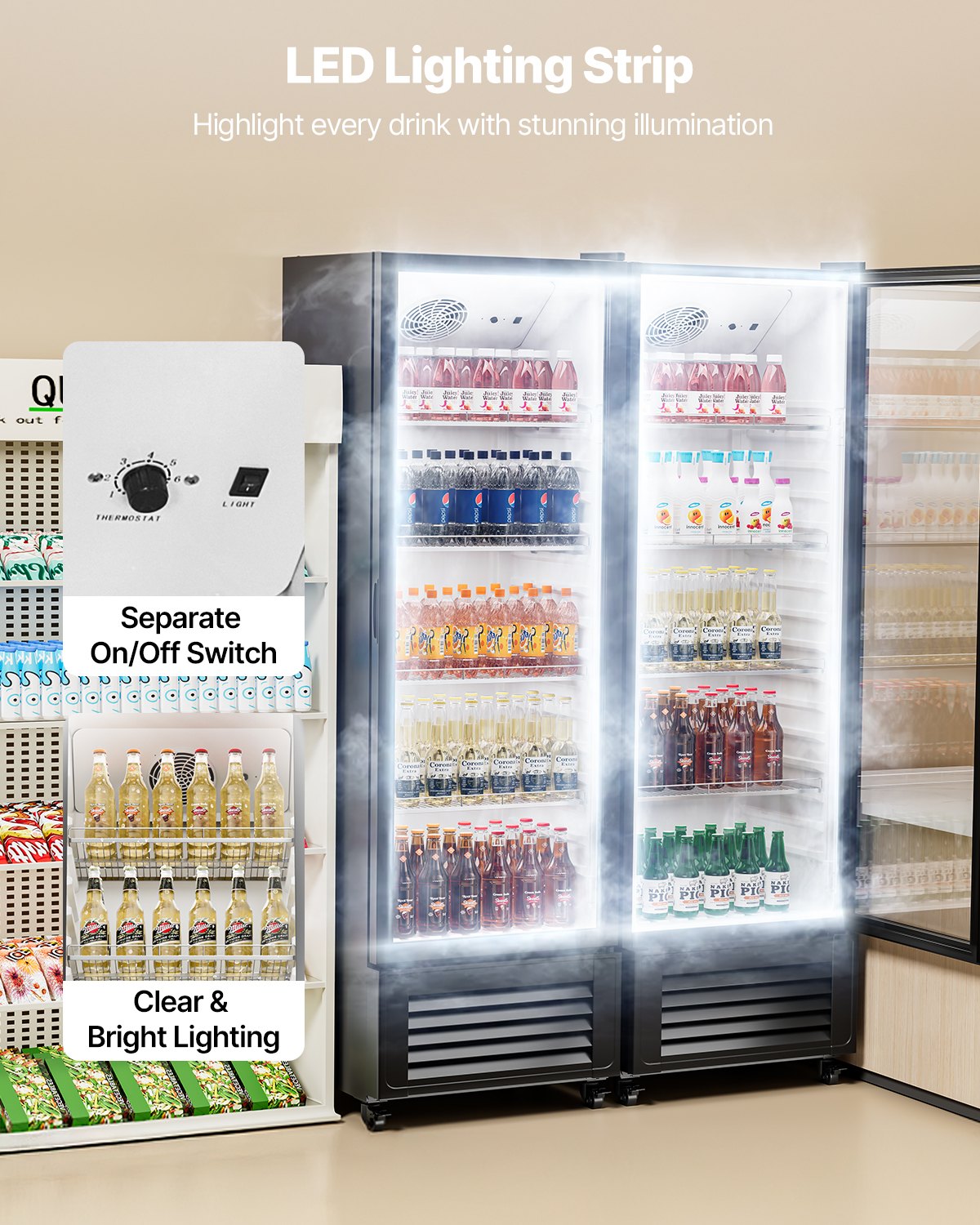 VEVOR Commercial Merchandiser Refrigerator, 11.47 CU.FT Glass Door Display Refrigerator, Upright Beverage Refrigerator Cooler Merchandiser with 4 Adjustable Shelves, Casters, Soft LED Light, Black