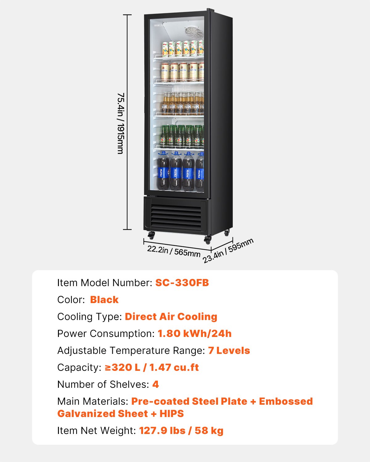 VEVOR Commercial Merchandiser Refrigerator, 11.47 CU.FT Glass Door Display Refrigerator, Upright Beverage Refrigerator Cooler Merchandiser with 4 Adjustable Shelves, Casters, Soft LED Light, Black