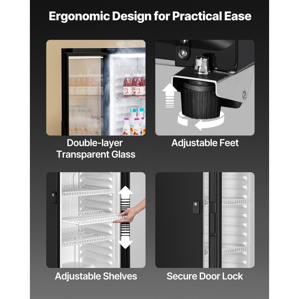 VEVOR Commercial Merchandiser Refrigerator, 8.1 CU.FT Glass Door Display Refrigerator Upright Fridge, Beverage Refrigerator Cooler Merchandiser with 4 Adjustable Shelves and Soft LED Light, Black