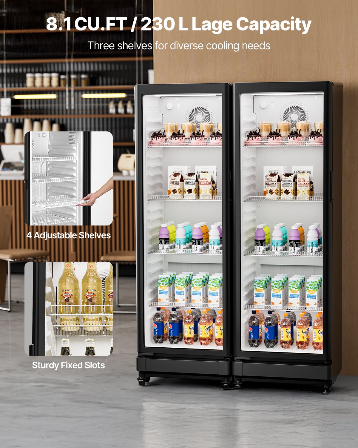 VEVOR Commercial Merchandiser Refrigerator, 8.1 CU.FT Glass Door Display Refrigerator Upright Fridge, Beverage Refrigerator Cooler Merchandiser with 4 Adjustable Shelves and Soft LED Light, Black