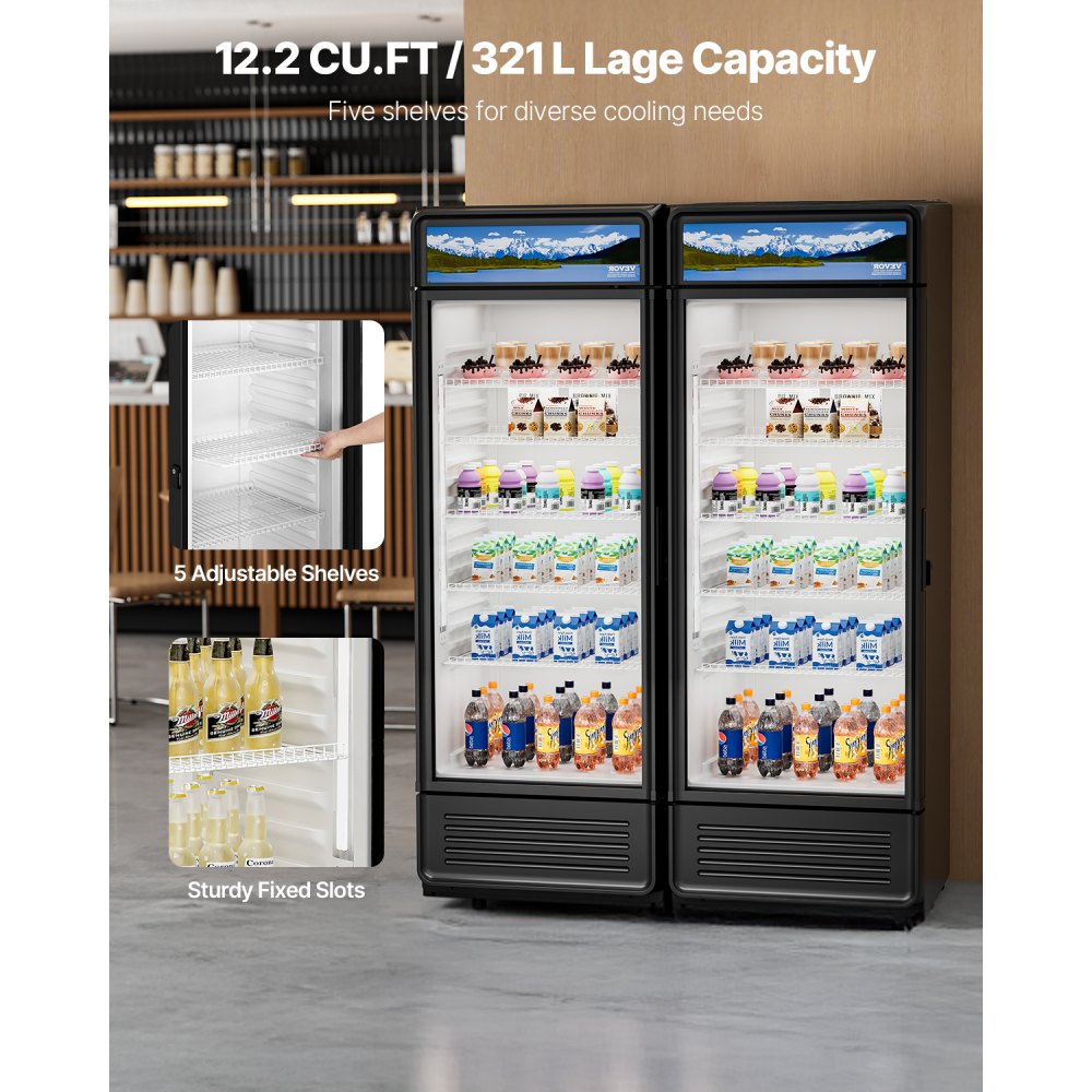 VEVOR Commercial Merchandiser Refrigerator, 12.2 CU.FT Glass Door Display Refrigerator, Beverage Refrigerator Cooler Merchandiser with Adjustable Shelves, Soft LED Light, Customizable Lightbox, Black