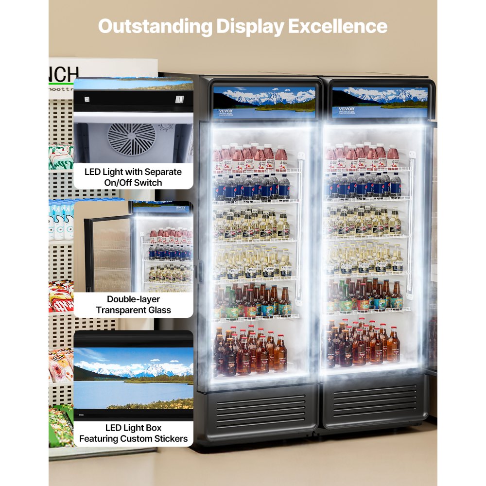 VEVOR Commercial Merchandiser Refrigerator, 12.2 CU.FT Glass Door Display Refrigerator, Beverage Refrigerator Cooler Merchandiser with Adjustable Shelves, Soft LED Light, Customizable Lightbox, Black