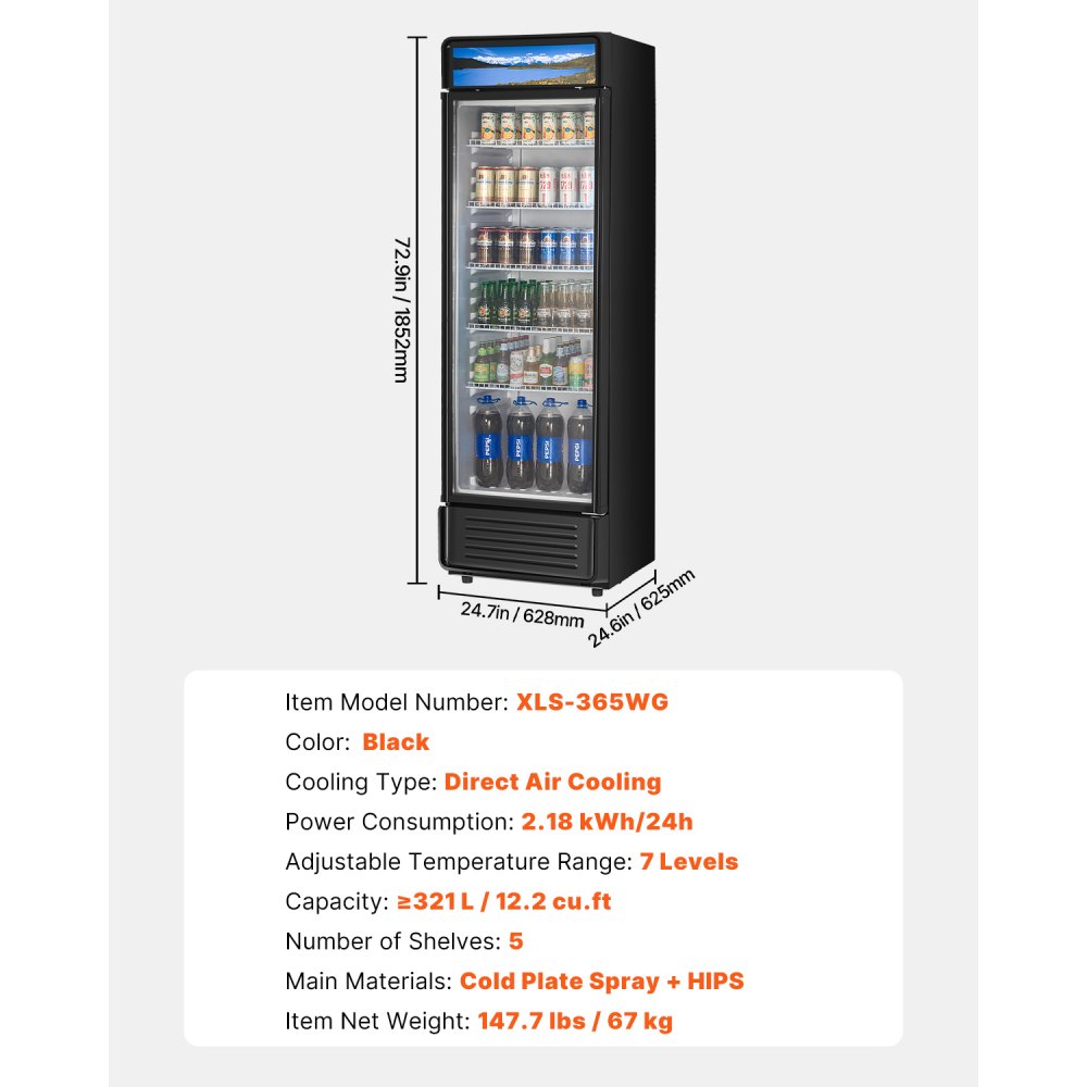 VEVOR Commercial Merchandiser Refrigerator, 12.2 CU.FT Glass Door Display Refrigerator, Beverage Refrigerator Cooler Merchandiser with Adjustable Shelves, Soft LED Light, Customizable Lightbox, Black