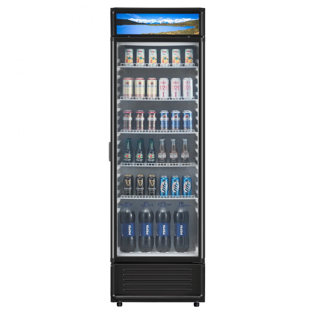 VEVOR Commercial Merchandiser Refrigerator, 12.2 CU.FT Glass Door Display Refrigerator, Beverage Refrigerator Cooler Merchandiser with Adjustable Shelves, Soft LED Light, Customizable Lightbox, Black