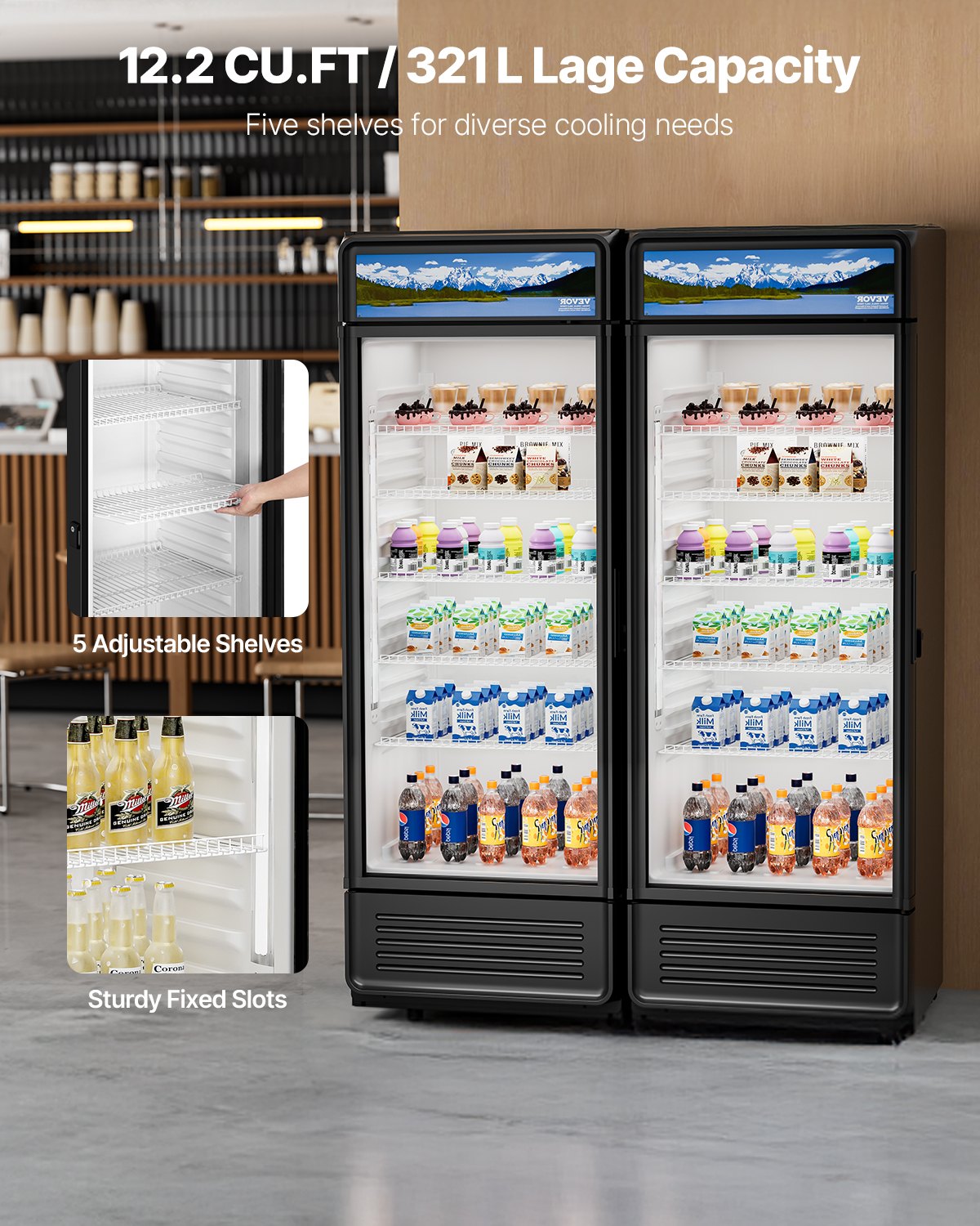 VEVOR Commercial Merchandiser Refrigerator, 12.2 CU.FT Glass Door Display Refrigerator, Beverage Refrigerator Cooler Merchandiser with Adjustable Shelves, Soft LED Light, Customizable Lightbox, Black