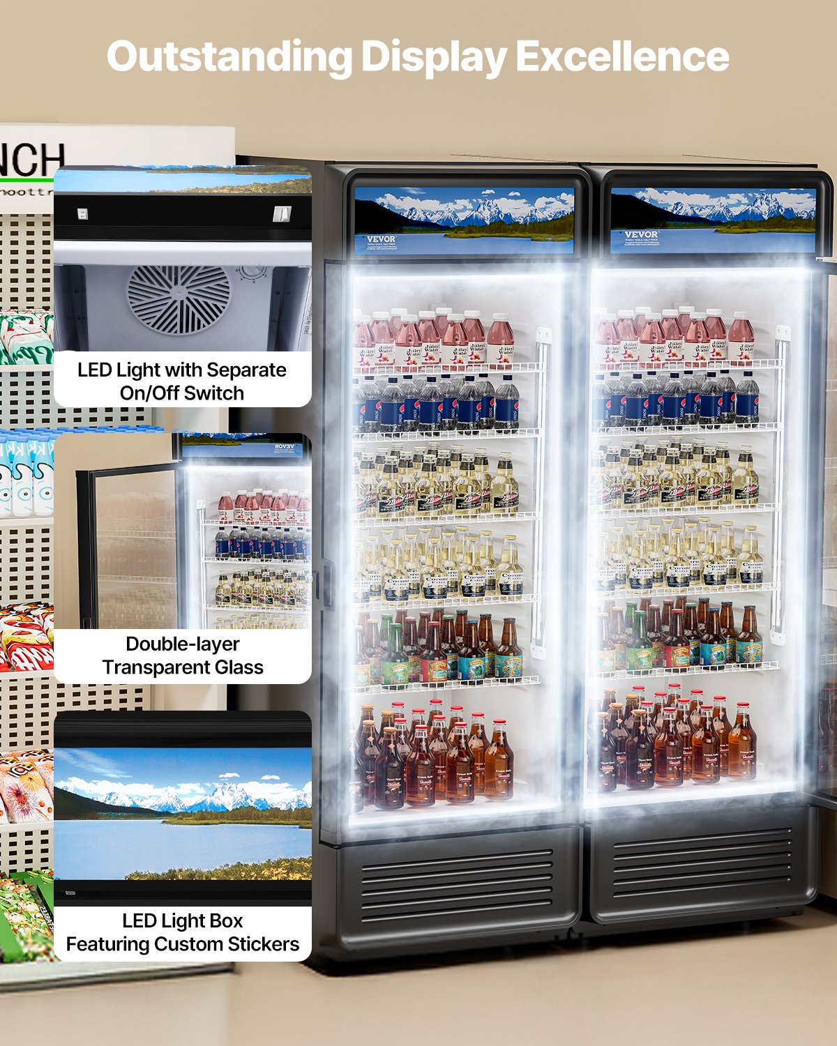 VEVOR Commercial Merchandiser Refrigerator, 12.2 CU.FT Glass Door Display Refrigerator, Beverage Refrigerator Cooler Merchandiser with Adjustable Shelves, Soft LED Light, Customizable Lightbox, Black