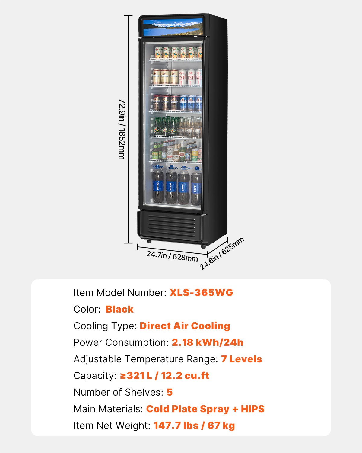 VEVOR Commercial Merchandiser Refrigerator, 12.2 CU.FT Glass Door Display Refrigerator, Beverage Refrigerator Cooler Merchandiser with Adjustable Shelves, Soft LED Light, Customizable Lightbox, Black