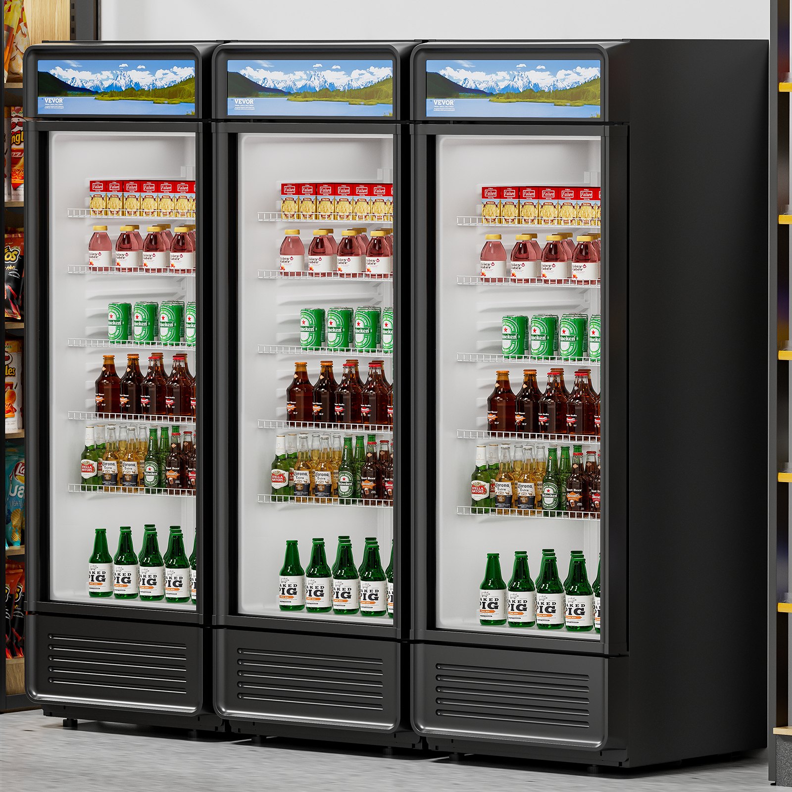 VEVOR Commercial Merchandiser Refrigerator, 12.2 CU.FT Glass Door Display Refrigerator, Beverage Refrigerator Cooler Merchandiser with Adjustable Shelves, Soft LED Light, Customizable Lightbox, Black