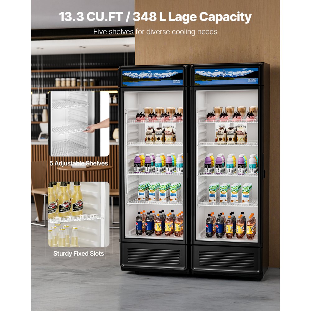 Refrigerador comercial VEVOR de 13.3 pies cúbicos con puerta de vidrio, refrigerador de bebidas con estantes ajustables, luz LED suave y caja de luz personalizable, color negro.