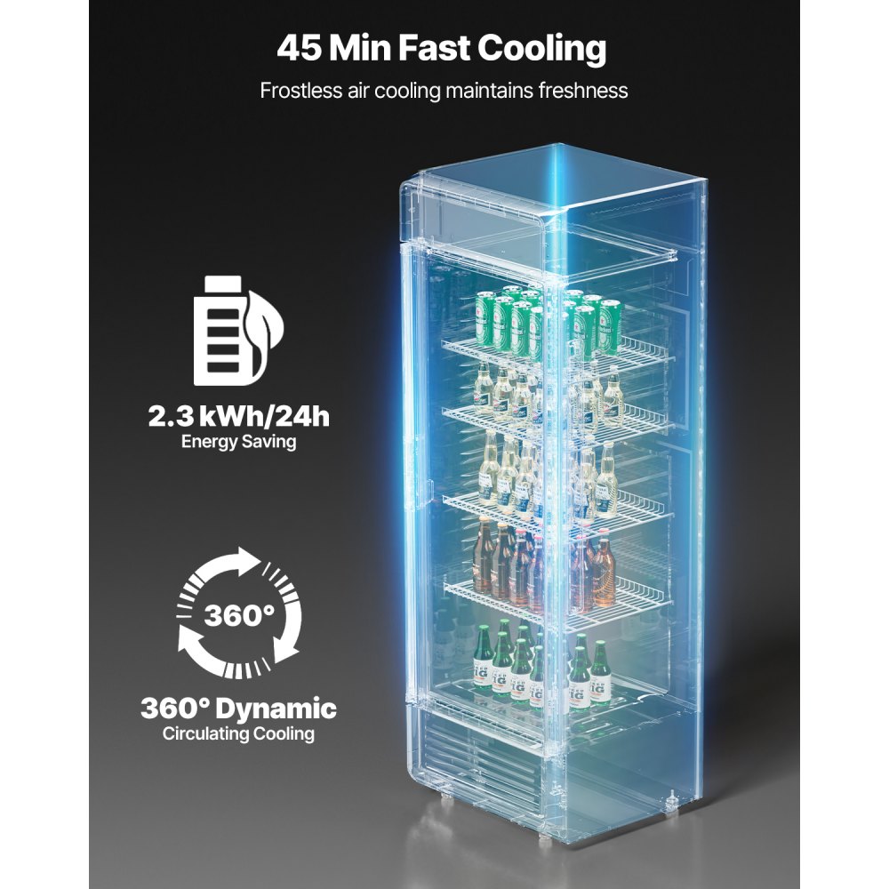 Refrigerador comercial VEVOR de 13.3 pies cúbicos con puerta de vidrio, refrigerador de bebidas con estantes ajustables, luz LED suave y caja de luz personalizable, color negro.