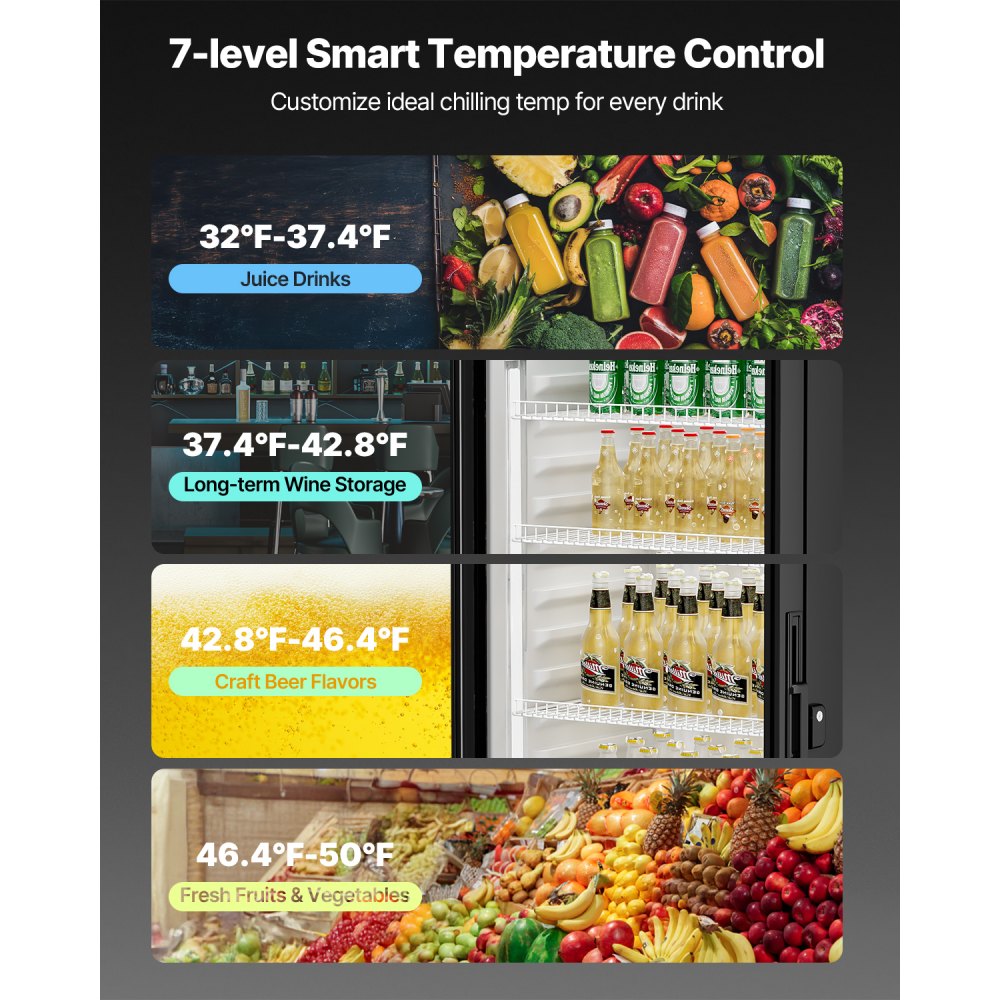 Refrigerador comercial VEVOR de 13.3 pies cúbicos con puerta de vidrio, refrigerador de bebidas con estantes ajustables, luz LED suave y caja de luz personalizable, color negro.