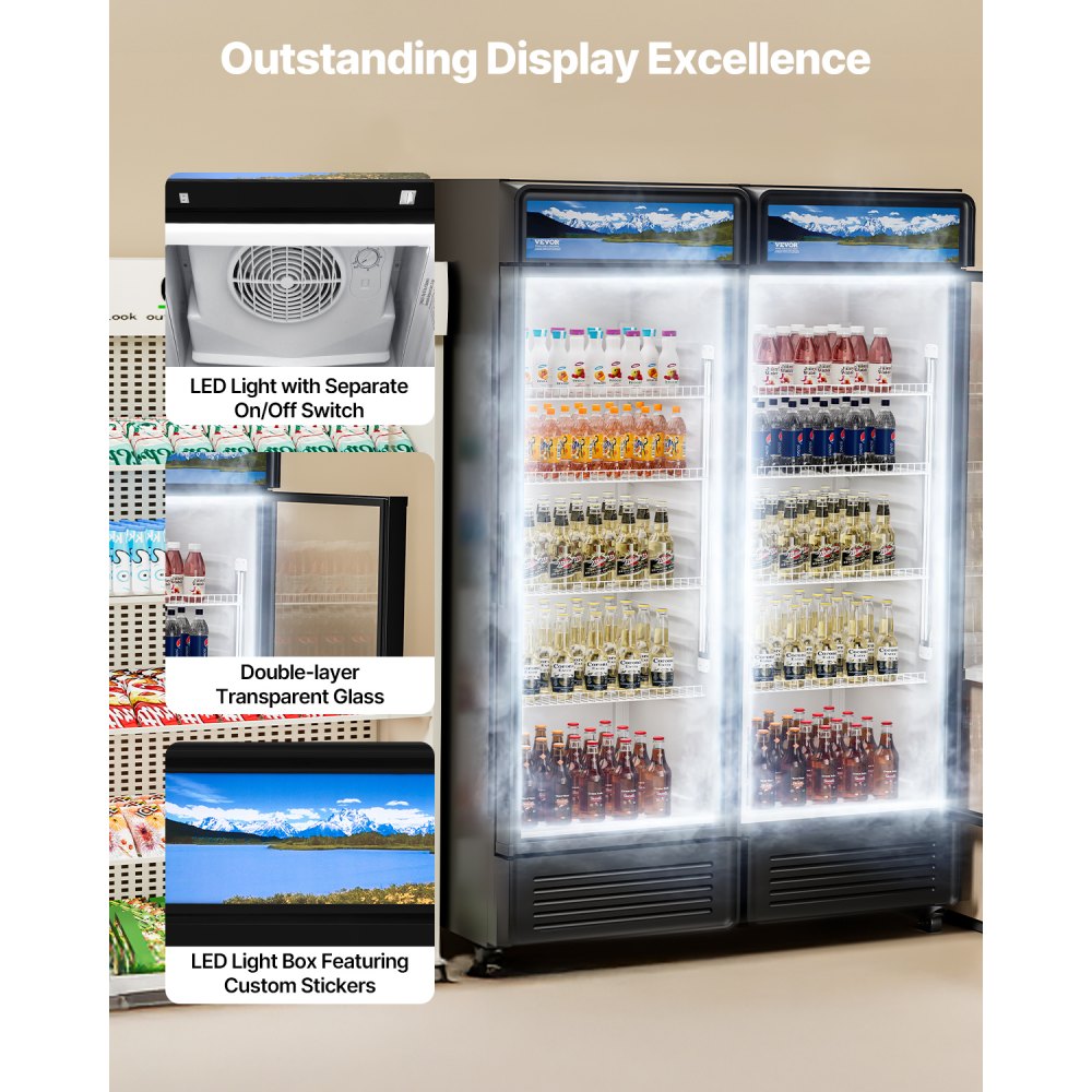 Refrigerador comercial VEVOR de 13.3 pies cúbicos con puerta de vidrio, refrigerador de bebidas con estantes ajustables, luz LED suave y caja de luz personalizable, color negro.