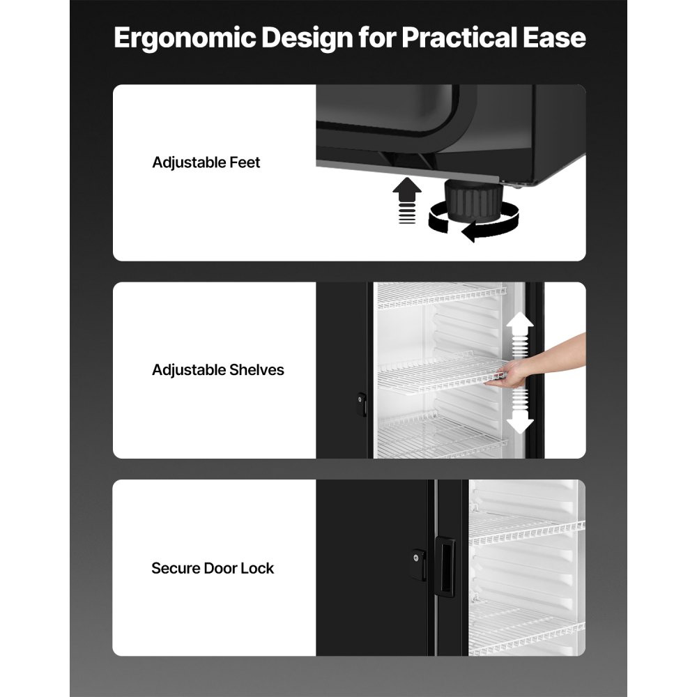 Refrigerador comercial VEVOR de 13.3 pies cúbicos con puerta de vidrio, refrigerador de bebidas con estantes ajustables, luz LED suave y caja de luz personalizable, color negro.
