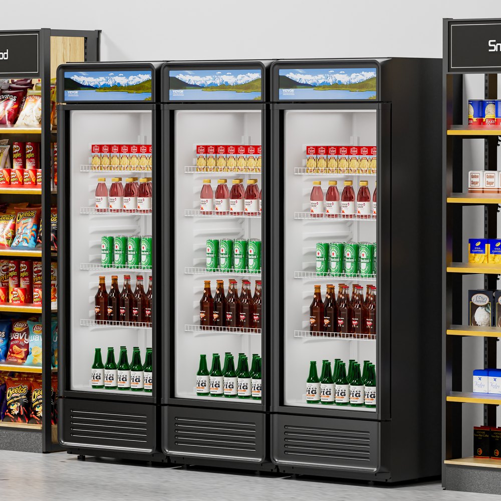 Refrigerador comercial VEVOR de 13.3 pies cúbicos con puerta de vidrio, refrigerador de bebidas con estantes ajustables, luz LED suave y caja de luz personalizable, color negro.