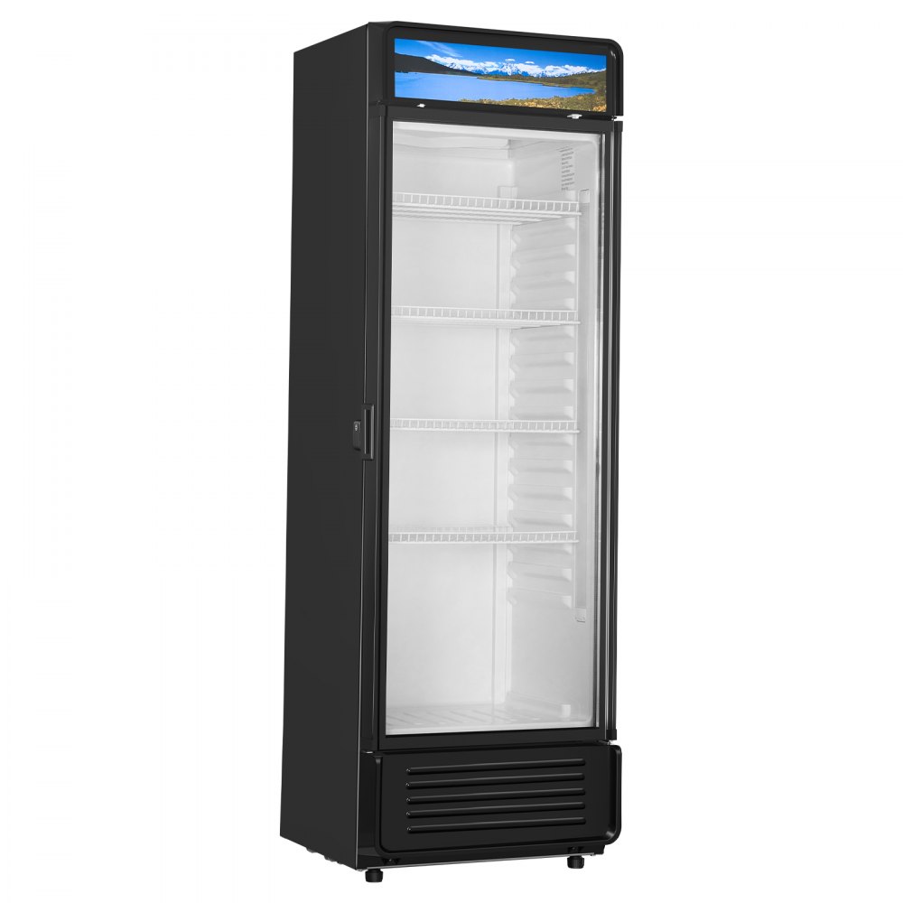Refrigerador comercial VEVOR de 13.3 pies cúbicos con puerta de vidrio, refrigerador de bebidas con estantes ajustables, luz LED suave y caja de luz personalizable, color negro.