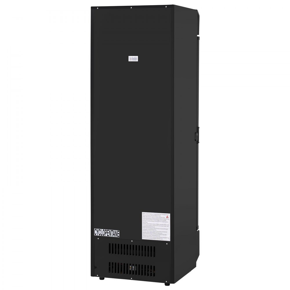 Refrigerador comercial VEVOR de 13.3 pies cúbicos con puerta de vidrio, refrigerador de bebidas con estantes ajustables, luz LED suave y caja de luz personalizable, color negro.