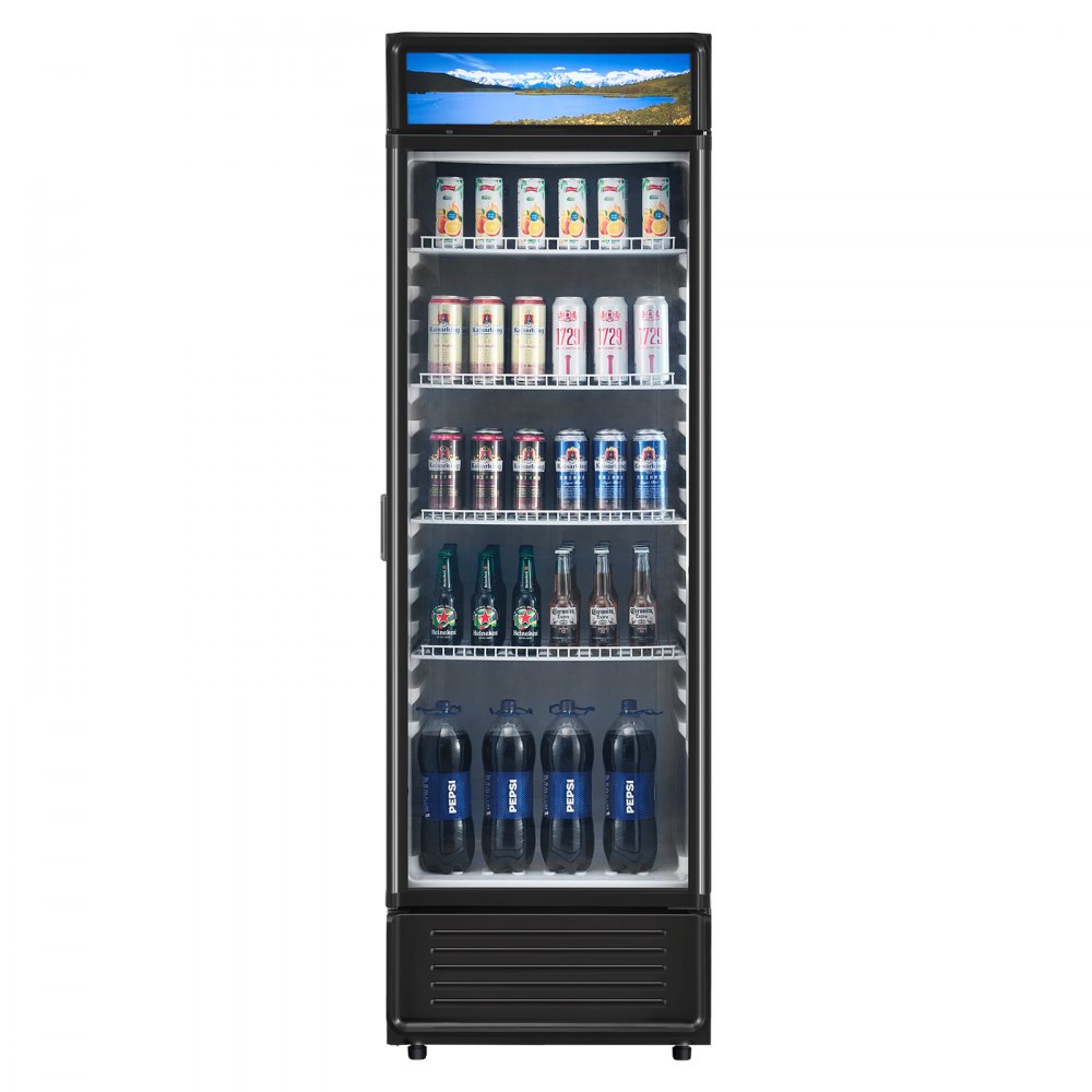 Refrigerador comercial VEVOR de 13.3 pies cúbicos con puerta de vidrio, refrigerador de bebidas con estantes ajustables, luz LED suave y caja de luz personalizable, color negro.
