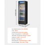 Refrigerador comercial VEVOR de 13.3 pies cúbicos con puerta de vidrio, refrigerador de bebidas con estantes ajustables, luz LED suave y caja de luz personalizable, color negro.