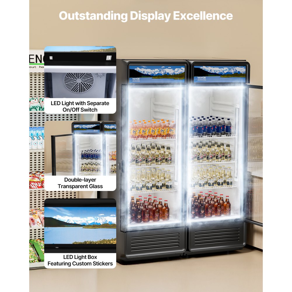 VEVOR Commercial Merchandiser Refrigerator, 6.9 CU.FT Glass Door Display Refrigerator, Beverage Refrigerator Cooler Merchandiser with Adjustable Shelves, Soft LED Light, Customizable Lightbox, Black
