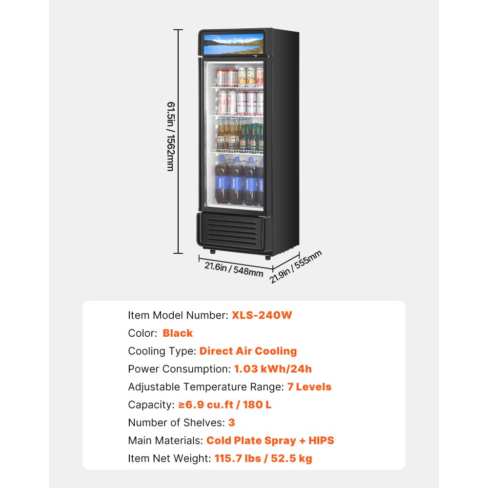 VEVOR Commercial Merchandiser Refrigerator, 6.9 CU.FT Glass Door Display Refrigerator, Beverage Refrigerator Cooler Merchandiser with Adjustable Shelves, Soft LED Light, Customizable Lightbox, Black
