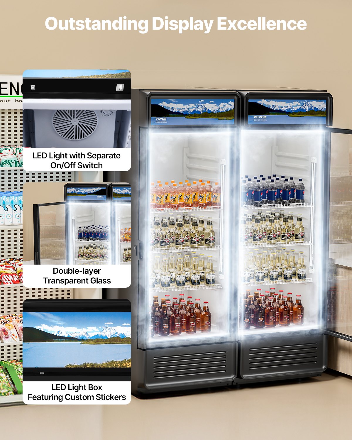 VEVOR Commercial Merchandiser Refrigerator, 6.9 CU.FT Glass Door Display Refrigerator, Beverage Refrigerator Cooler Merchandiser with Adjustable Shelves, Soft LED Light, Customizable Lightbox, Black