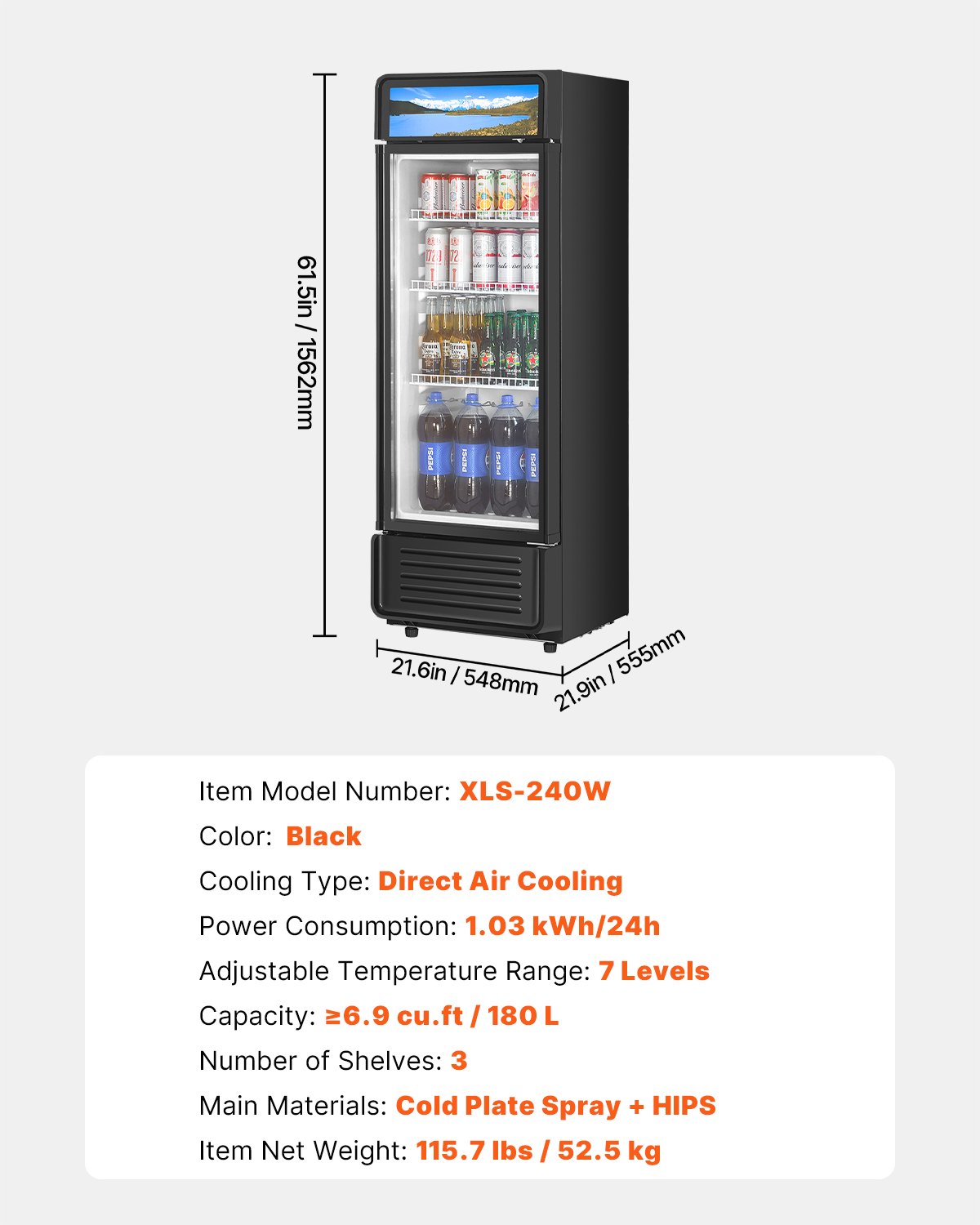 VEVOR Commercial Merchandiser Refrigerator, 6.9 CU.FT Glass Door Display Refrigerator, Beverage Refrigerator Cooler Merchandiser with Adjustable Shelves, Soft LED Light, Customizable Lightbox, Black
