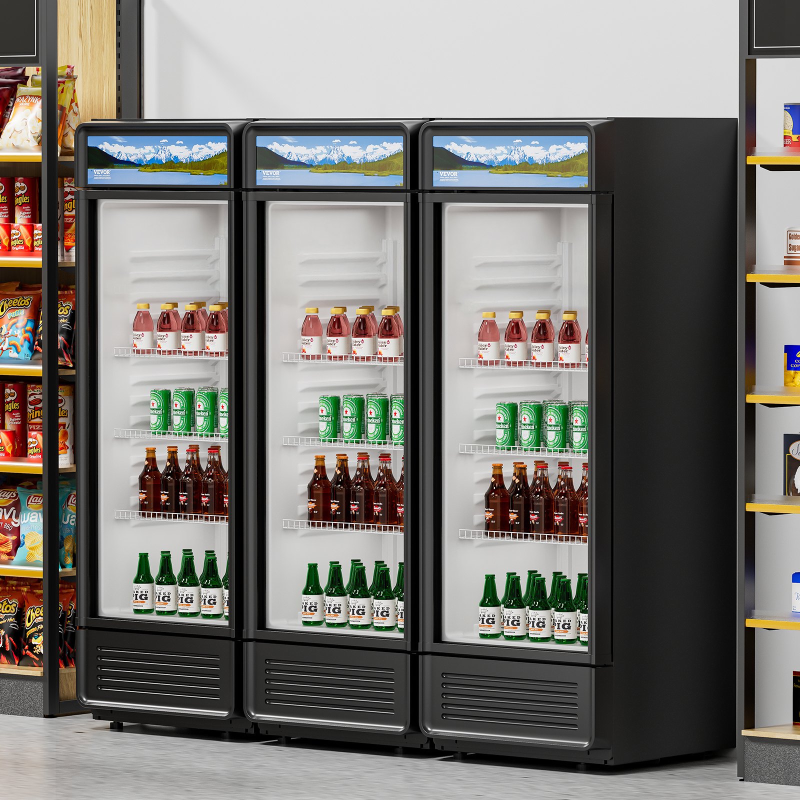 VEVOR Commercial Merchandiser Refrigerator, 6.9 CU.FT Glass Door Display Refrigerator, Beverage Refrigerator Cooler Merchandiser with Adjustable Shelves, Soft LED Light, Customizable Lightbox, Black