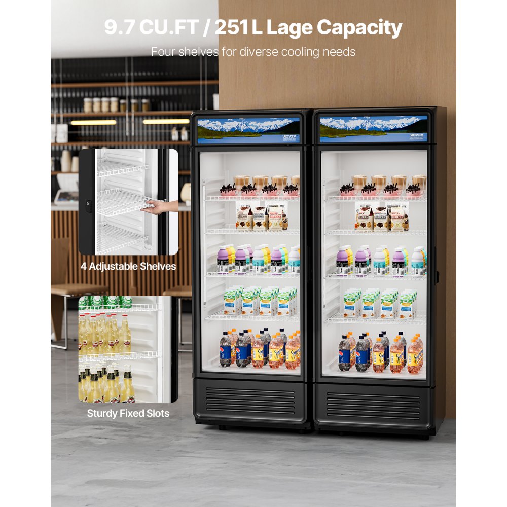 VEVOR Commercial Merchandiser Refrigerator, 9.7 CU.FT Glass Door Display Refrigerator, Beverage Refrigerator Cooler Merchandiser with Adjustable Shelves, Soft LED Light, Customizable Lightbox, Black