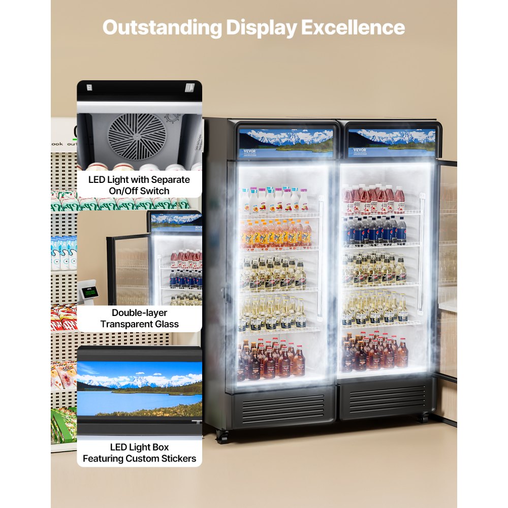 VEVOR Commercial Merchandiser Refrigerator, 9.7 CU.FT Glass Door Display Refrigerator, Beverage Refrigerator Cooler Merchandiser with Adjustable Shelves, Soft LED Light, Customizable Lightbox, Black